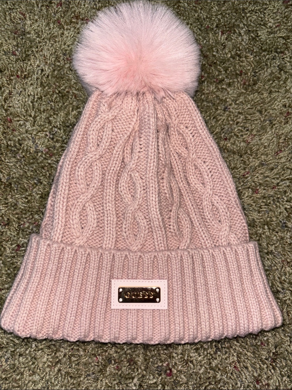Guess Cable-Knit Pale Pink Beanie with Faux-Fur Pom